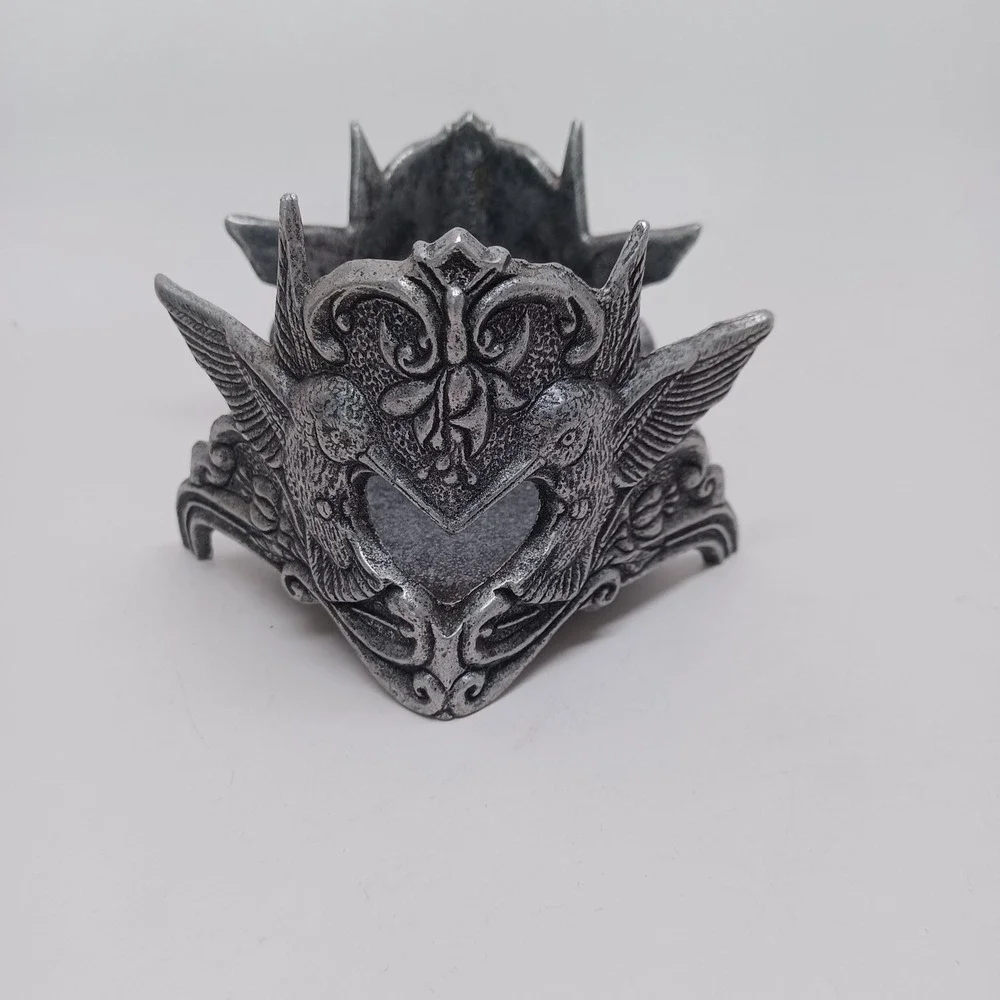 Vintage Style Silver Cast Metal Hummingbird Heart Large Candle Holder Ornate